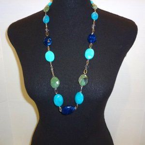 Silver Paper Clip Adjustable Necklace with Large Turquoise, Blue & Green Stones